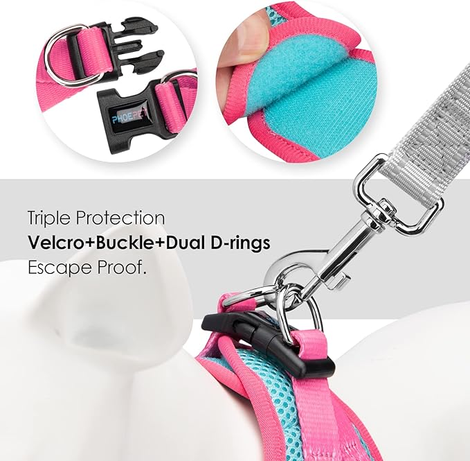 PHOEPET Step-in Dog Harness,Reflective Adjustable Dog Vest Harness, Soft Pet Walking Jacket with 2 Metal Leash Hooks for Dog and Cat(Mint Green Base & Pink Straps,L)