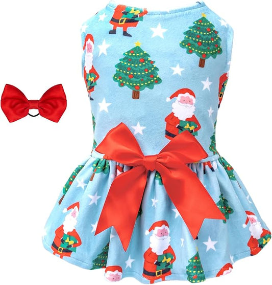 CuteBone Dog Dresses Christmas Outfit Velvet Holiday Small Dogs Clothes Onesie Pet Apparel Girl Puppy Skirt with Bow Hair Rope CVA34S
