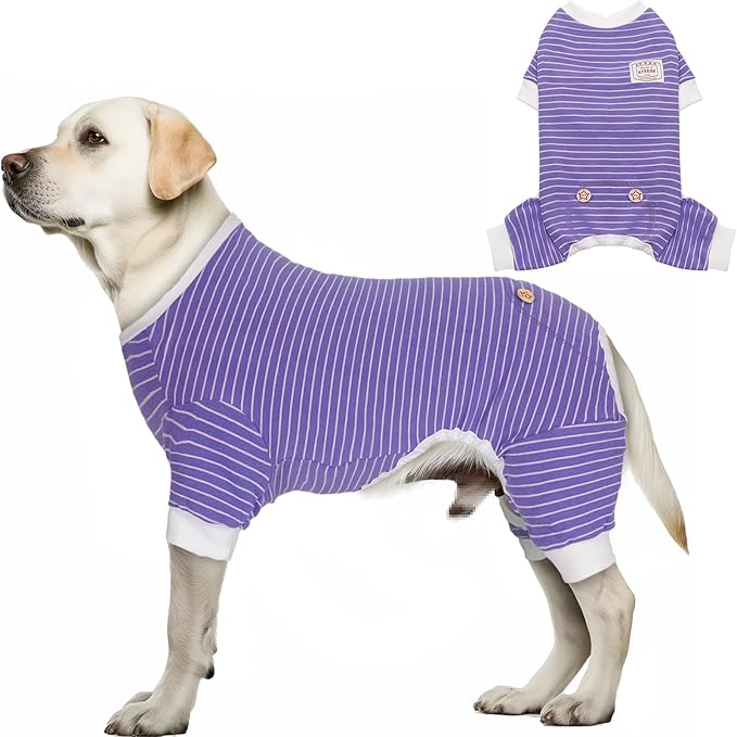 KYEESE Dog Pajamas Stretchable Dogs Onesie Striped Pet Pjs Comfort Pet Outfit Lightweight Dog Clothes Soft Large Dogs Pajamas, Purple, XXL