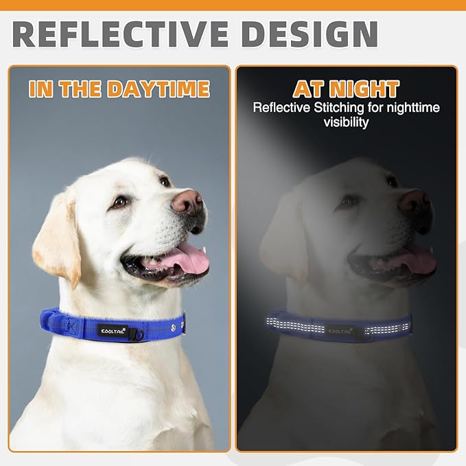 KOOLTAIL Heavy Duty Dog Collar with Handle for Large Dogs, Ballistic Nylon Collar for Training Control, Soft Padded Thick Wide Reflective Dogs Collar with Adjustable Metal Buckle for Walking, Blue M