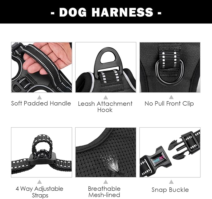 PHOEPET Reflective Dog Harness Large Breed Adjustable No Pull Vest with with Handle 2 Metal Rings 3 Buckles [Easy to Put on & Take Off](L, Black)