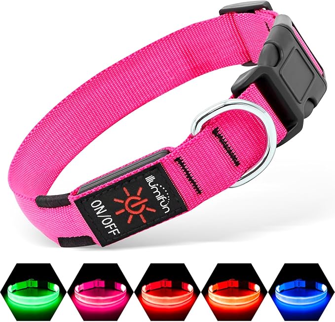 Illumifun LED Dog Collar | USB Rechargeable Light Up Dog Collar, Water-Resistant Adjustable Safety Collar Light for Small Medium Large Dogs Glow in The Dark (Pink, Small)