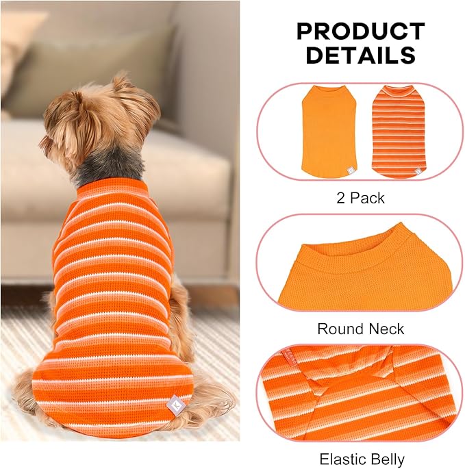 KYEESE 2Pack Waffle Dog Shirts for Small Dogs Stretchy T-Shirts Lightweight Tank Top Sleeveless Striped Shirt Vest Breathable Cat Shirt, XX-Large, Orange+Striped