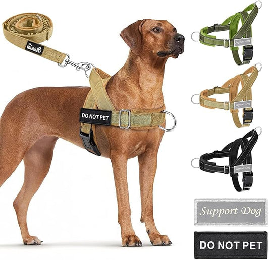 SlowTon No Pull Dog Harness - Heavy Duty Dog Harness and Leash Set for Medium Large Dogs, Reflective Tactical Harness with Soft Padded and Front Clip for Easy Walk and Training (Tan L)