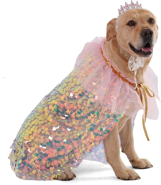 FLAdorepet Dog Princess Dress Costume with Rhinestones Crown,Pet Cat Cape Cloak Birthday Party Wedding Dress Up Outfits,Rainbow Mermaid Halloween Costume Clothes for Small Medium Large Dogs, Large