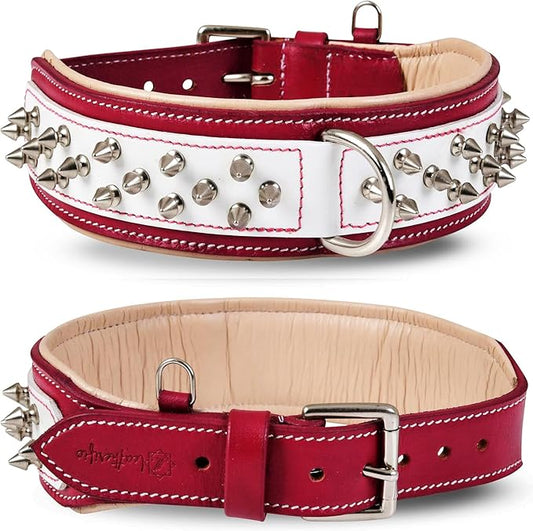 Genuine Leather Dog Collar by Leatherific, Premium Bridle Leather, Heavy Duty, Padded, Strong, Screwed Spikes, Medium, Large, Extra Large Breeds, 2" Wide (Red, Neck Size 22"-26")