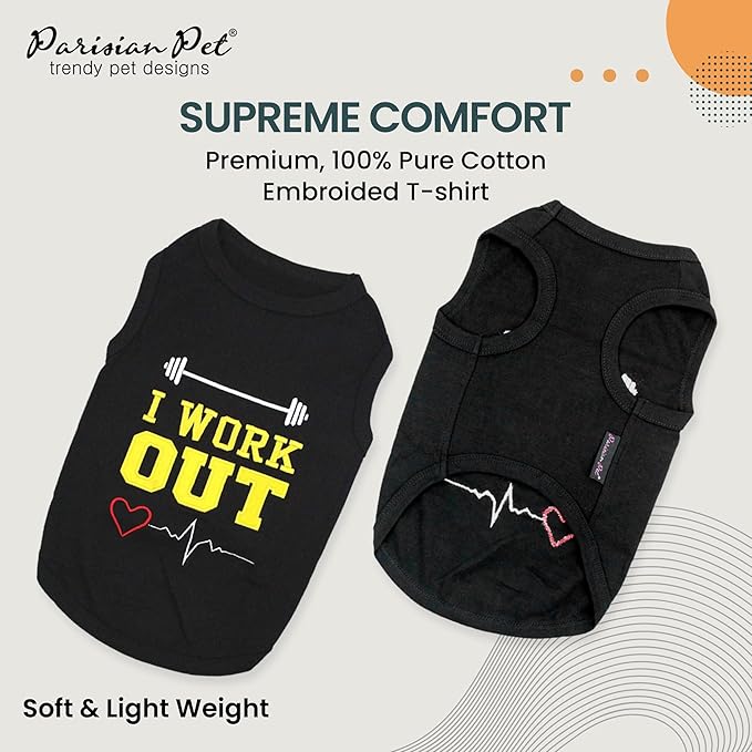 Parisian Pet Dog Tshirt - Embroidered “ I Work Out “ Dog Shirt - 100% Cotton and Lightweight Dog Clothes - Sleeveless Black Dog Tee Shirts - Machine Washable Dog Shirt for Large Dogs - Pet Vest - XL