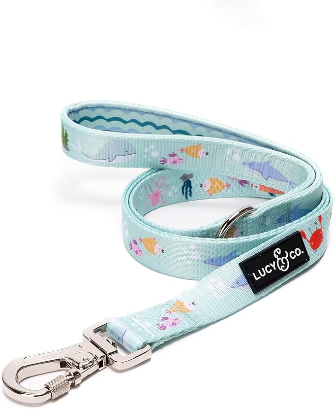 Lucy & Co. Designer Dog Leash - Pet Accessories - Thick Dog Leash - Padded Handle for Comfort - Purple with Green Floral - 5 Foot (Mint Green Blue Fish, Large)