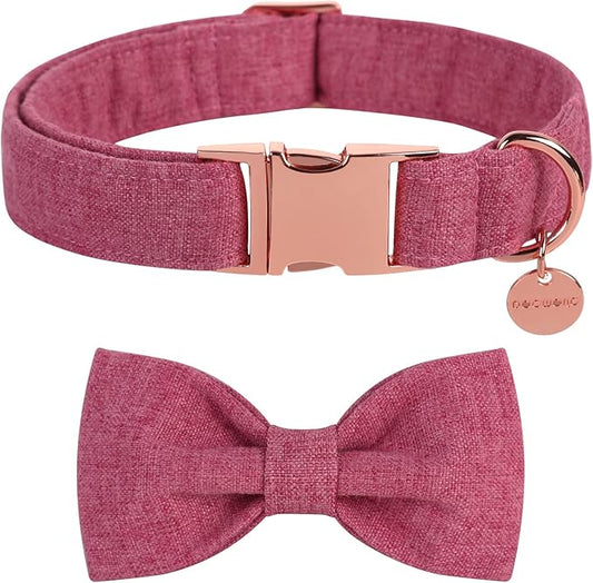 DOGWONG Pink Dog Collar with Bow, Soft Cotton Pet Collar Durable Adjustable Puppy Collar for Small Medium Large Dogs