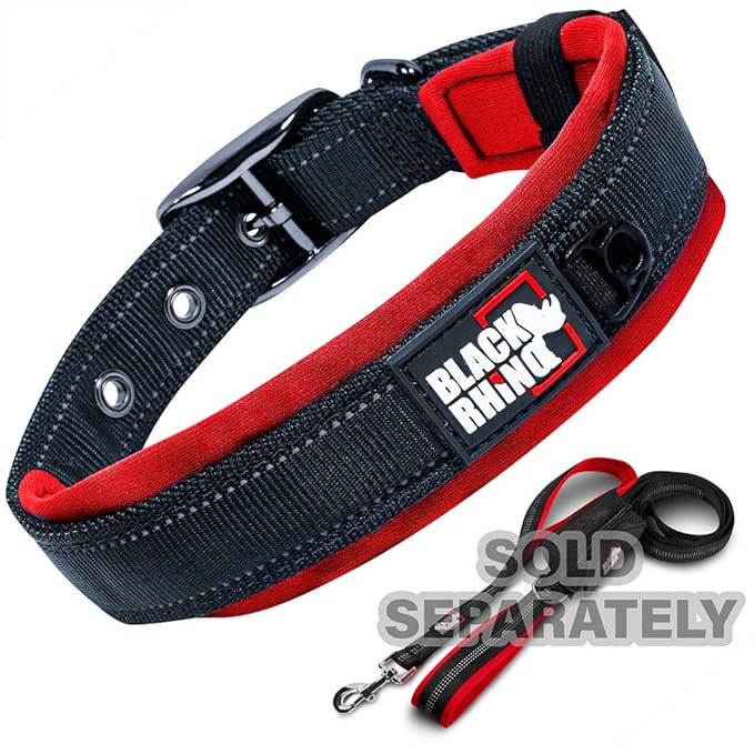 Black Rhino Dog Collars for Medium Dogs - Adjustable Reflective Heavy Duty Dog Collar with Ultra-Soft Neoprene Padding - Weatherproof, Durable, and Comfortable - Ideal for Active Dogs - Red and Black