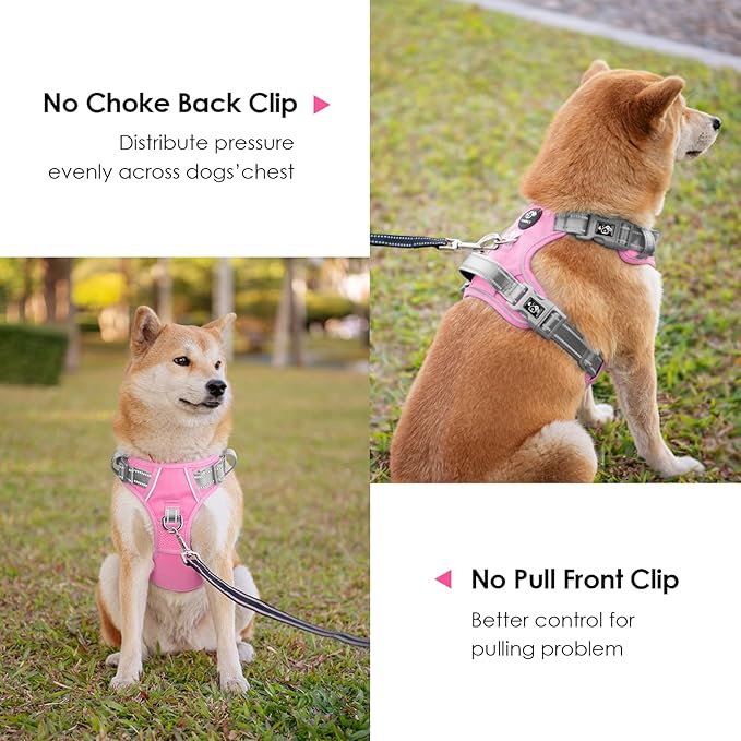 PHOEPET No Pull Dog Harness, Unique Colors Reflective Adjustable Dog Vest, with Soft Training Handle Metal Clips for Small Medium Large Dogs (Baby Pink Base & Grey Straps,M)