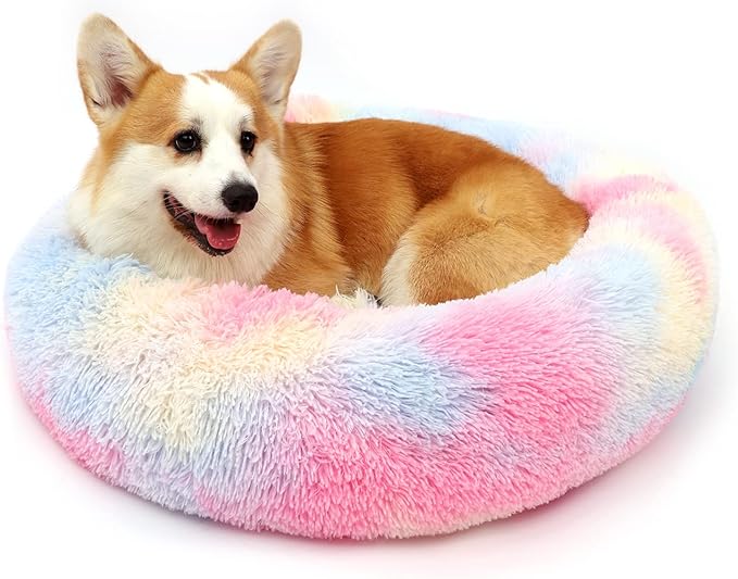 Dog Calming Beds for Small Medium Large Dogs - Round Donut Washable Puppy Dog Bed, Anti-Slip Faux Fur Fluffy Donut Cuddle Anxiety Cat Pet Bed(20'' Color)
