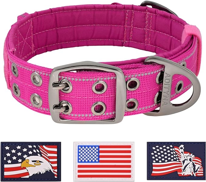 ADITYNA Heavy Duty Dog Collar for Large Dogs - Reflective Magenta Blue Collar with Handle for Training, and Walking - Wide, Thick, Tactical, Soft Neoprene Padded