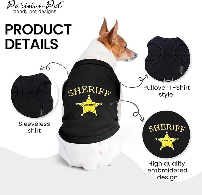 Parisian Pet Dog Tshirt - Embroidered “ Sheriff “ Dogs Apparel - Lightweight and Skin Friendly Dog Clothes - Sleeveless Black Doggy Tee Shirts - Machine Washable Shirts for Small Dogs - XS