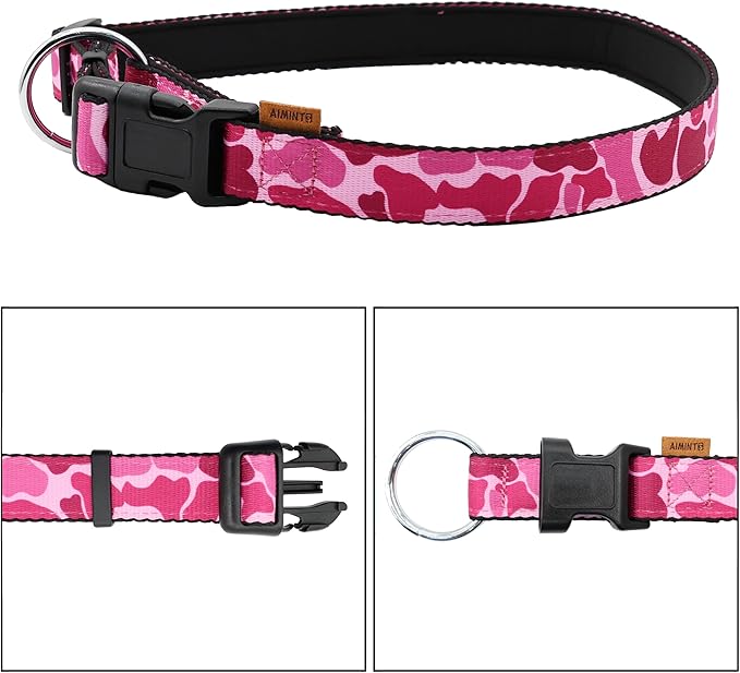 Dog Collar, Cute Floral Pattern, Neoprene Padded and Adjustable Collar with Quick Release Buckle, Reinforced Structure (L (Neck 18-28", Width 1"), Camouflage Pink)