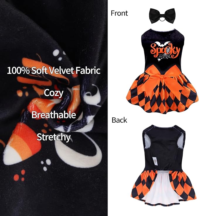 CuteBone Halloween Dog Dresses Velvet Holiday Small Dogs Clothes Onesie Pet Apparel Girl Puppy Skirt with Bow Hair Rope CVA42S-D
