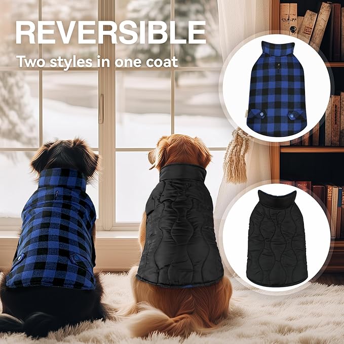 VIVAGLORY SoftJoy Dog Winter Coat - British Style Plaid Jacket & Vest for Cold Weather, Snow, Outdoor - Reversible, Warm, Heavy Duty - XXS Sapphire Blue Plaid