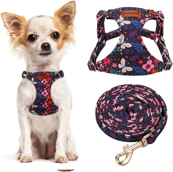 CHEDE No Pull Floral Pattern Dog Harness- Lightweight and Soft Dog Harness, Adjustable Small Dog Harness and Leash Set, with Dog Leash, Suitable for Puppy Small and Medium-Sized Dog