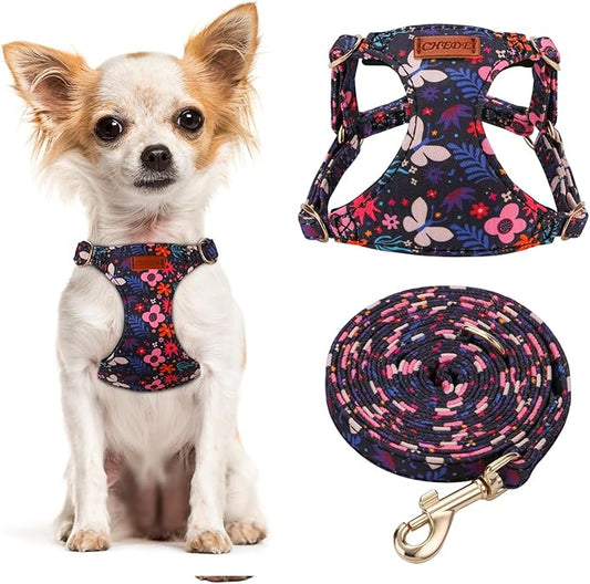 CHEDE No Pull Floral Pattern Dog Harness- Lightweight and Soft Dog Harness, Adjustable Small Dog Harness and Leash Set, with Dog Leash, Suitable for Puppy Small and Medium-Sized Dog