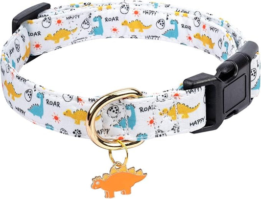 Cotton Dog Collar,Adjustable Cute Puppy Collar with Moon Patterned Design for Small Medium Large Dogs,Soft and Fancy Pet Collar with Safety Buckle for Girl Boy Dogs (Yellow Dinosaur, Medium)