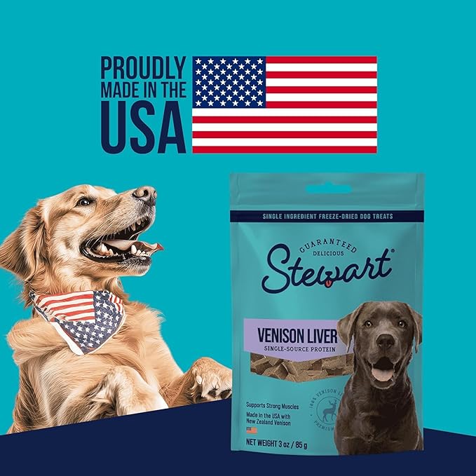Stewart Single Ingredient Freeze Dried Raw Dog Treats, Venison Liver, 3 Ounce Resealable Pouch, Training Treats or Meal Topper Dogs, High Protein, Grain-Free, Gluten-Free