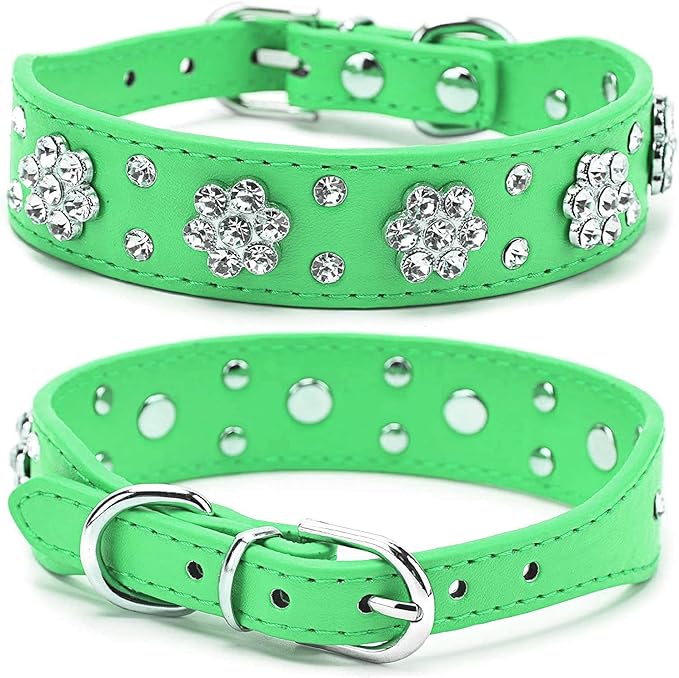 Cute Flower Rhinestone Dog Collar, Bling Collar PU Leather Adjustable Sizes S, M, L (Green)