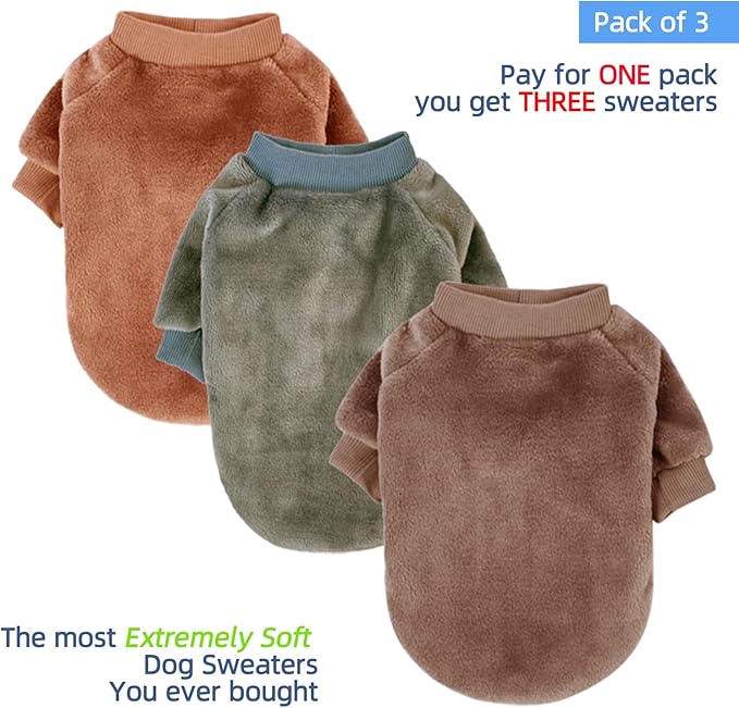FabriCastle Dog Sweaters, 3-Pack Dog Clothes for Small Dogs Male & Cats, Ultra Soft and Warm Pet Coats XXS - XXL, Winter Pet Jackets, Doggy Apparel Costumes, Puppy Outfits (Camel,Khaki,Olive, X-Large)