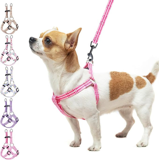 BEAUTYZOO No Pull Dog Harness and Leash Set - Adjustable Step-in Puppy Harness for Small Medium Large Dogs, Escape Proof Soft Nylon Vest with Double D Ring for Walking Running Training, Pink Plaid S