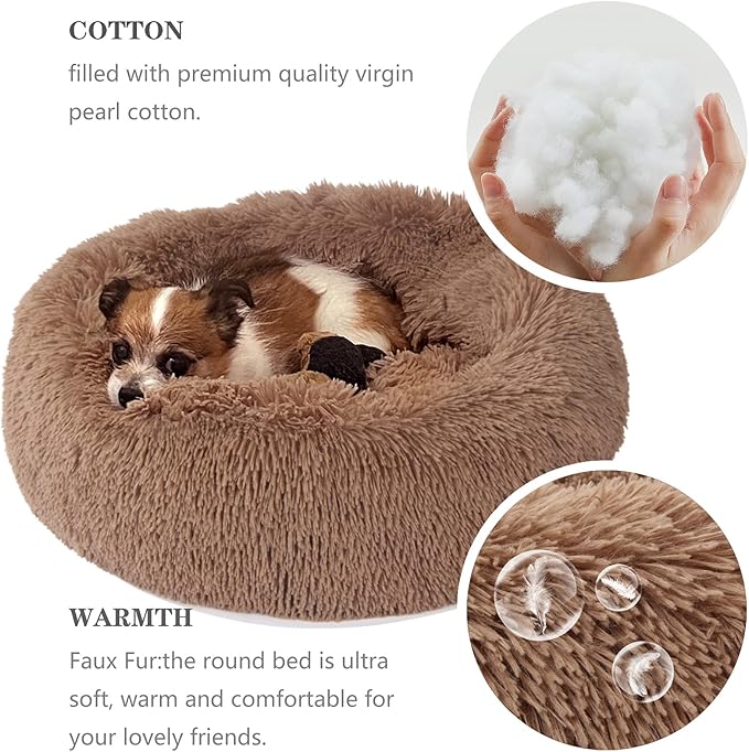 nononfish Small Puppy Beds for Small Dogs Washable - 19 Inches Round Faux Fur Pet Bed for Puppy and Cat Donut Fluffy Plush Orthopedic Doggy Beds Relief Improved Sleeping,Camel
