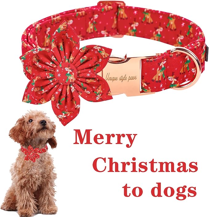 Unique style paws Christmas Dog Collar with Flower Tie Red Elk Pure Cotton Collar Adjustable Puppy Collar for Small Medium Large Dogs-S