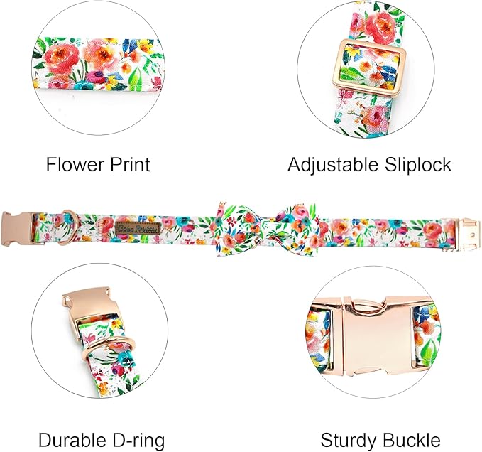 Dog Collar Flowers Print Pet Collar Soft Cute Puppy Collar with Bow Tie Adjustable Metal Buckle Collar Gift for Large Dogs