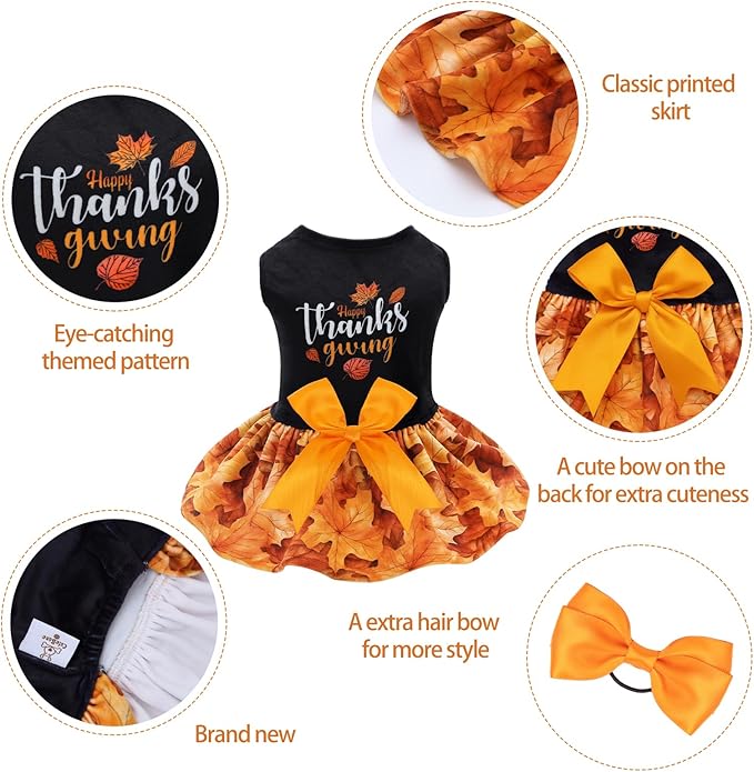 CuteBone Thanksgiving Dog Fall Dresses Costume Velvet Holiday Small Dogs Clothes Onesie Pet Apparel Girl Puppy Skirt with Bow Hair Rope CVA52XS-D