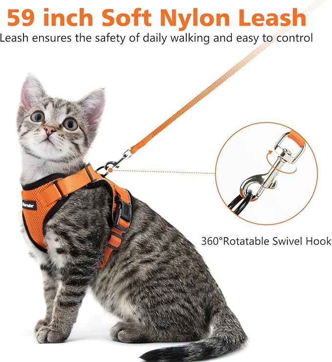 Dooradar Cat Harness and Leash Set, Escape Proof Safe Adjustable Kitten Vest Harnesses for Walking, Easy Control Soft Breathable Mesh Jacket with Reflective Strips for Cats, Orange, XS