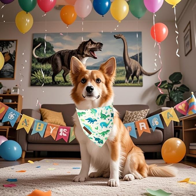 Lionet Paws Summer 2pcs Dog Bandanas, Dinosaur Dog Scarf Bib Premium Fabric, Happy Cucumbers Blue Bandanas for Medium Large Dogs Pets