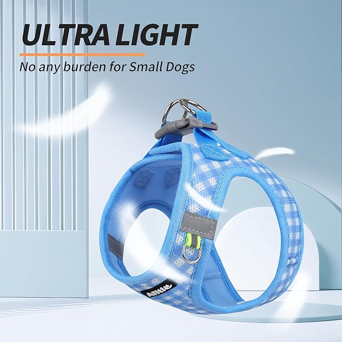 AIITLE Breathable Mesh Dog Vest Harness, No Pull Escape Proof Vest Harnesses with Reflective Bands, Adjustable Plaid Pet Outdoor Harnesses for Small and Medium Dogs Blue M