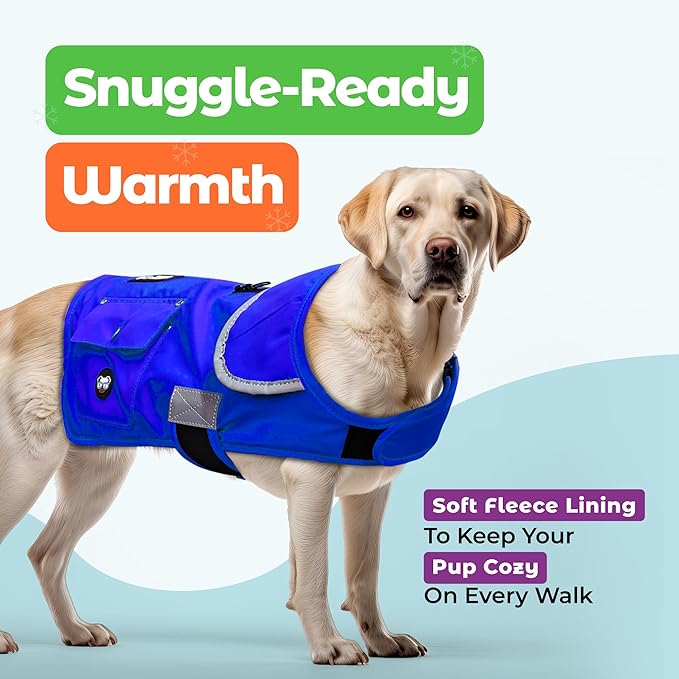 Joyride Harness FrostFlex Dog Winter Jacket - Fleece Lined & Water-Resistant - Snowsuit with Pockets for Treats & Poop Bags - Durable Cold Weather Dog Coat - Blue Serenity-XS
