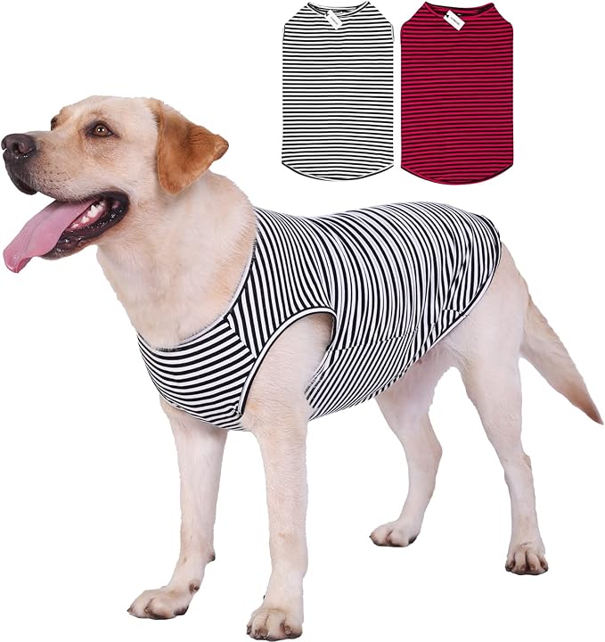 Dog Shirts Cotton Striped T-Shirts, Breathable Basic Vest for Puppy and Cat, Super Soft Stretchable Doggy Tee Tank Top Sleeveless, Fashion & Cute Color for Boys and Girls (L, Black+Red)
