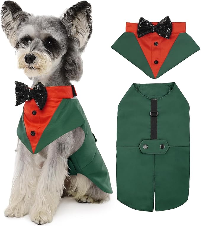 Kuoser Christmas Dog Tuxedo and Bandana Set, Party Suit, Prince Wedding Bow Tie Shirt, Formal Wedding Attire for Large and Medium Dogs, Golden Retriever, Samo, Bulldogs
