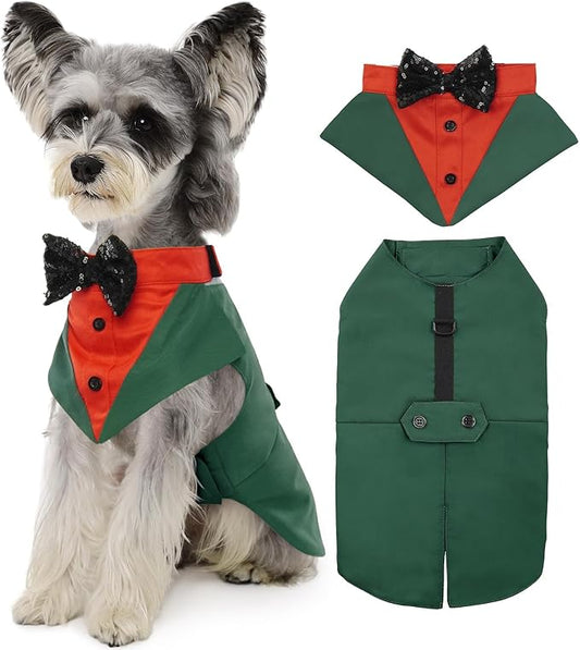 Kuoser Christmas Dog Tuxedo and Bandana Set, Party Suit, Prince Wedding Bow Tie Shirt, Formal Wedding Attire for Large and Medium Dogs, Golden Retriever, Samo, Bulldogs