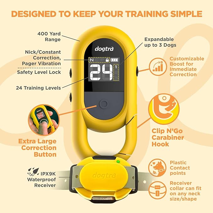 Dogtra CUE Remote Dog Training E-Collar for Small, Medium and Large Dogs - Range of 400 Yards, Waterproof, Vibrating, Rechargeable Correction Ecollar, 24 Training Levels, W/PetsTEK Clicker (2 Dogs)