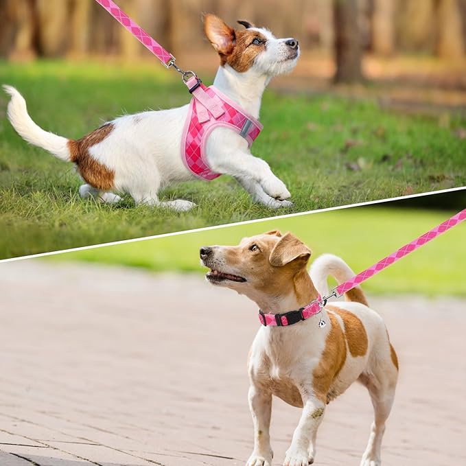 SCENEREAL Dog Harness Collar and Leash Set, Step-in No Pull Pet Vest Harnesses for Small Medium Dogs Puppy Cats, Soft Mesh No-Chock Reflective Vest Harness for Outdoor Walking Running, Pink Plaid XS