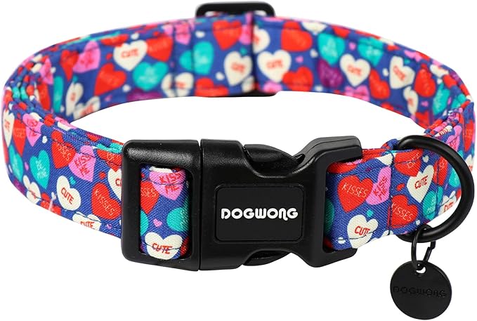 DOGWONG Valentine's Dog Collar - Blue Heart Candy Adjustable Cotton Heart Dog Collar - Perfect for Medium, Large Dogs
