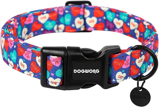 DOGWONG Valentine's Dog Collar - Blue Heart Chocolate, Multicolor - Small, Soft Cotton - Perfect for Small Dogs
