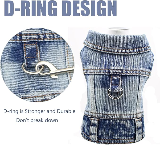 Puppy Clothes for Small Dogs Boy,Classic Western Denim Dog Coat,Dog Jeans Jacket with Leash D-Ring,Pet Cat Costumes,Cooling Harness Vest for Walking (Blue, Medium)