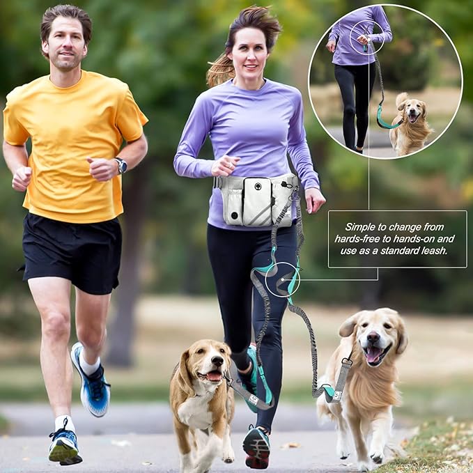 SHINE HAI Retractable Hands Free Dog Leash with Dual Bungees for 2 Dogs, Adjustable Waist Belt, Reflective Stitching Leash for Running Walking Hiking Jogging Biking Black - Gray