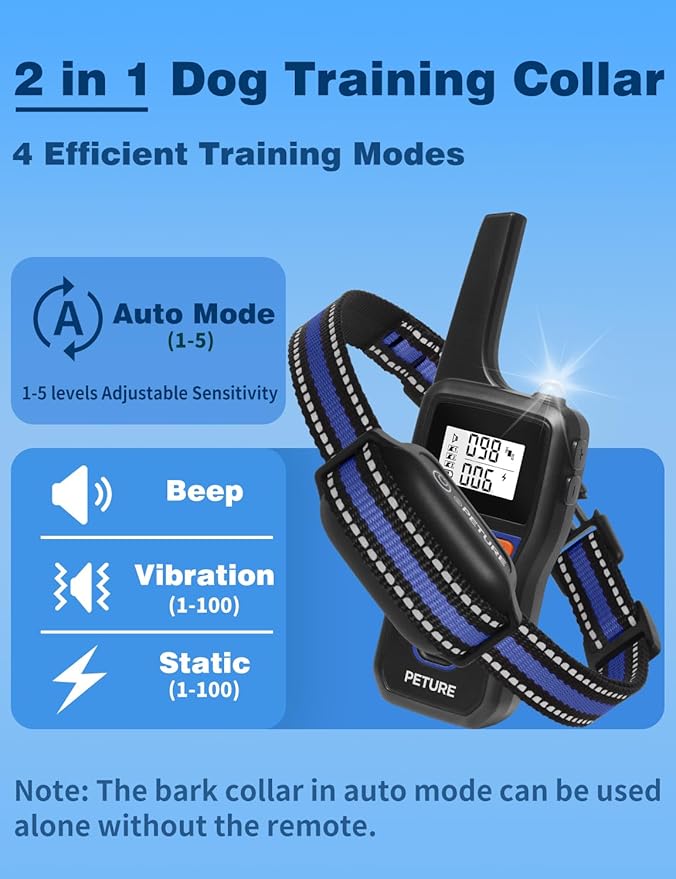 Dog Bark Collar with Remote, 2-in-1 Automatic Anti Bark Collar with Beep Vibration Static and Auto Bark Mode, IPX7 Waterproof & 3300Ft Dog Training Collar for 7-120lbs Small Medium Large Dogs (2 Pack)