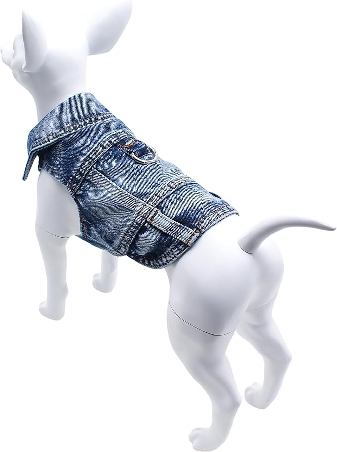 Puppy Clothes for Small Dogs Boy,Classic Western Denim Dog Coat,Dog Jeans Jacket with Leash D-Ring,Pet Cat Costumes,Cooling Harness Vest for Walking (Blue, Medium)