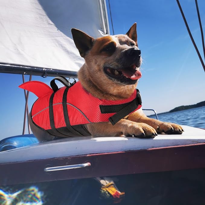 Queenmore Small Dog Life Jacket,Shark Dog Life Vest for Swimming,Puppy Light Life Preserver for Boating Kayaking Canoeing,Pet Reflective Lifesaver with High Buoyancy,Rescue Handle,Leash Hook (Red,L)