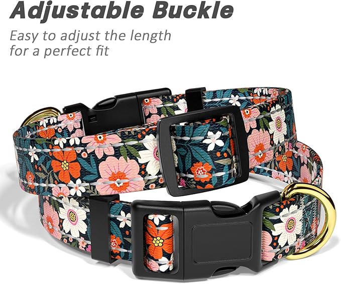 Reflective Dog Collar for Small Dogs, Cute Flower Theme Adjustable Heavy-Duty Nylon Puppy Collar for Boy and Girl Female, Soft Pet Accessories with Quick Release Buckle, Elegant Floral
