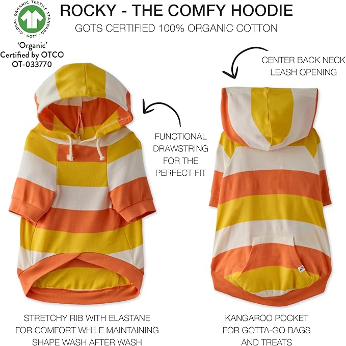 100% Organic Cotton Rocky - The Comfy Dog Hoodie Pet Coat for Small, Medium and Large Dogs, Candy Corn, Large